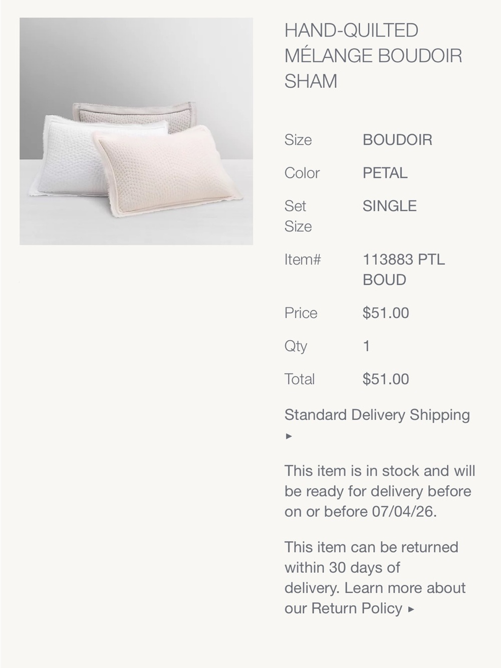 Restoration Hardware Hand-Quilted Mélange Boudoir Sham - Petal Pink